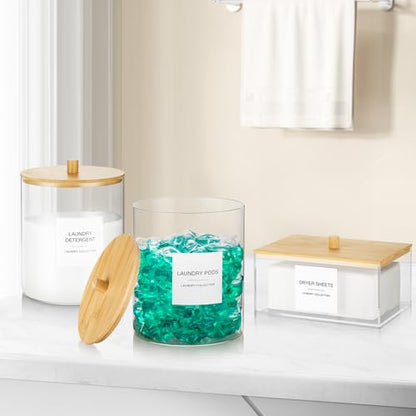 3 Pack Glass Jars and Acrylic Dryer Sheet Holder, Laundry Pods Container with Bamboo Lid and Measuring Cups for Laundry Room Organization, Powder Detergent Containers - color: White