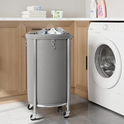 ELYKEN Laundry Basket with Wheels, Round Rolling Laundry Hamper, Gray - color: Gray, size: 110L