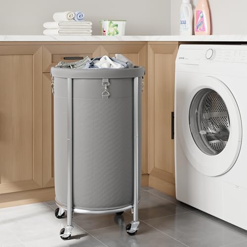 ELYKEN Laundry Basket with Wheels, Round Rolling Laundry Hamper, Gray - color: Gray, size: 110L
