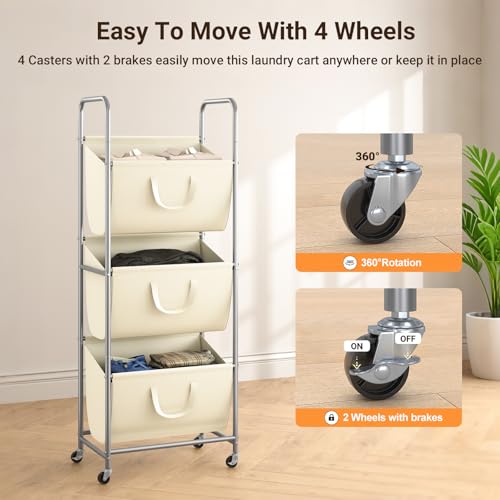 ELYKEN 3-Tier Vertical Rolling Laundry Hamper with Wheels & Removable Bags - color: Creamy
