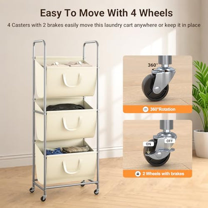 ELYKEN 3-Tier Vertical Rolling Laundry Hamper with Wheels & Removable Bags - color: Creamy