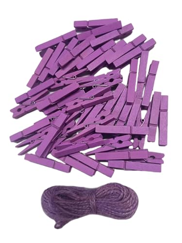 Durreus 1.9"" Small Wooden Clothes Pins Baby Shower Light Purple Mini Clips Photo Holder Hanging Crafts Clothespin Pack 50 with Clothesline - color: 50pcs (2 Inch) Light Purple + Jute Twine