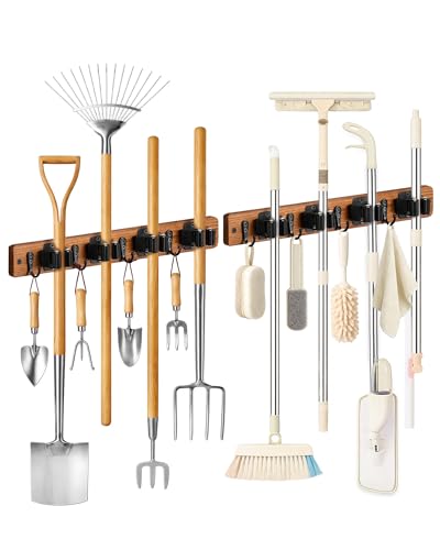 Lorbro 2 Pack Broom Holder Wall Mount, Wooden Rack with 4 Slot & 4 Hook - color: Brown