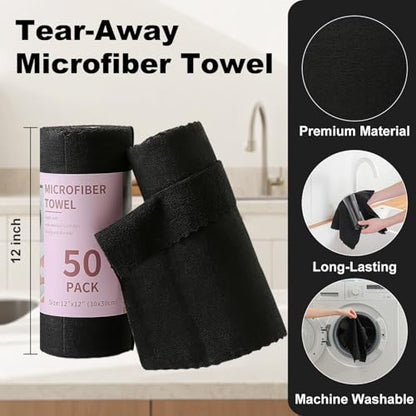 Jessy Home 2 Roll Reusable Paper Towels,100 Sheets Tear Away Microfiber Cleaning Cloth, Lint Free Cleaning Rags for Kitchen, Dishcloth,Household Cleaning Supplies - color: Black