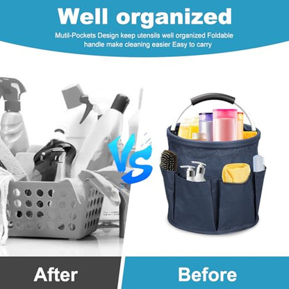 17L Cleaning Caddy, Portable Cleaning Supply Bucket, 6 Pockets Foldable Cleaning Supplies Organizer with Handle, Cleaning Caddy Bag for Cleaning Products (Navy Blue) - color: Navy Blue