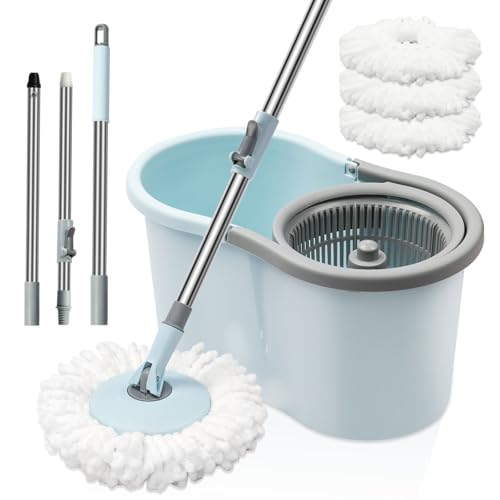 Spin Mop and Bucket with Wringer Set, 3 Microfiber Mop Heads, 51" Handle - color: Blue-3