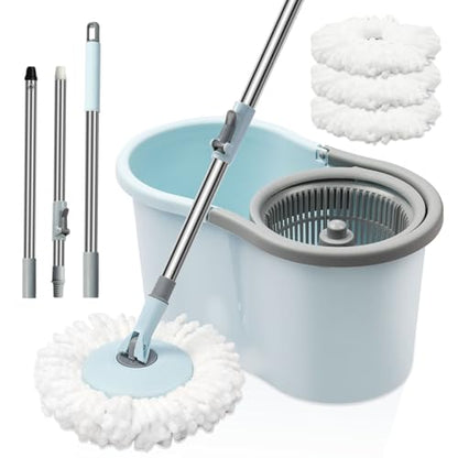 Spin Mop and Bucket with Wringer Set, 3 Microfiber Mop Heads, 51" Handle - color: Blue-3
