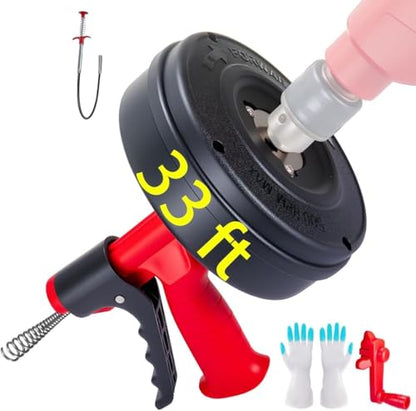 Drain Snake Hair Drain Clog Remover,SEVVETROOL Plumbing Drain Auger Snake Drill Attachment Toilet Snake Auger for Bathroom Kitchen Tub Shower Drain Clog Remover with Gloves(33ft/10M)