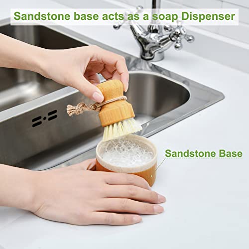 SUBEKYU Bamboo Dish Scrub Brush,Produce Brush,2 Pack with Holder - color: Sandstone Base + 2p Sisal Brushes, size: Regular size