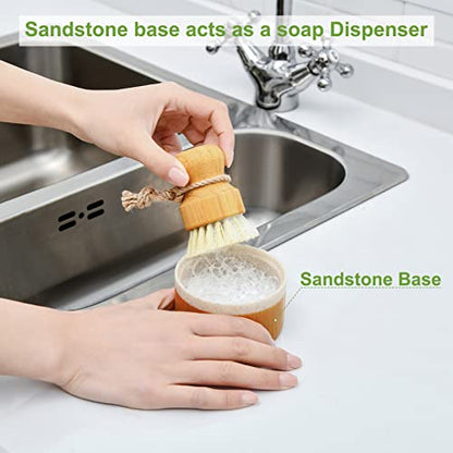 SUBEKYU Bamboo Dish Scrub Brush,Produce Brush,2 Pack with Holder - color: Sandstone Base + 2p Sisal Brushes, size: Regular size