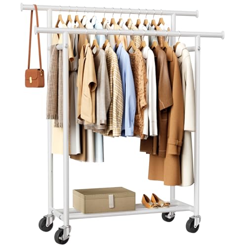 HYSEYY Clothes Rack, Double Rods Rolling Clothing Rack for Hanging Clothes, Portable Garment Rack with Wheels, Coat Rack Wardrobe Closet Load 240 LBS for Bedroom Laundry Room (White, L) - color: White