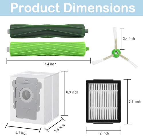 19 Pack of replacement parts, Suitable for iRobot Roombai3 i3+ i7 i7+ i4+ i5 i5+ j5 j5+ i6 i6+ i8 i8+ i2 J7 E5 i&E&J series vacuum cleaner, 1 Set Rubber Brushes 6 filters, 6 edge brushes, 4 dust bags