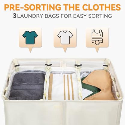 WOWLIVE Laundry Hamper with Lid, 180L Large Laundry Basket 3 Section - color: Beige, size: 180l (31.5x 12.2 X 27.5 Inches)