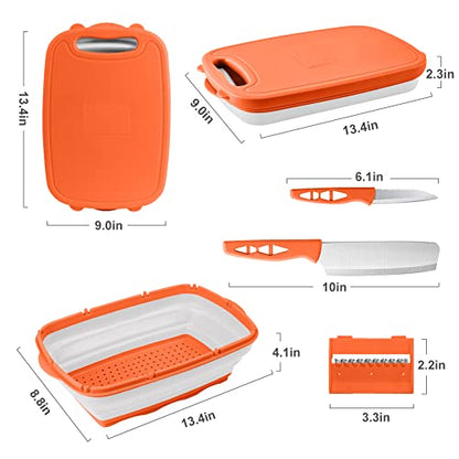 Camping Cutting Board, HI NINGER Collapsible Chopping Board with Colander, 9-In-1 Multi Kitchen Vegetable Washing Basket,Camping Gifts Accessories for RV Campers - color: Orange