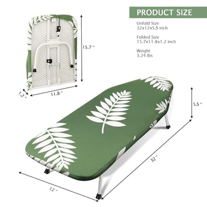 SheeChung Small Ironing Board 12"x32",Mini Iron Board with Metal Mesh Base - style: Green Leaf-32x12
