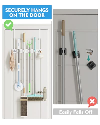 BS-VOG Over the Door Broom and Mop Holder, Broom Hanger, 4 Slots & 4 Hooks - color: White