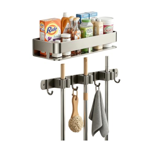 Broom Holder Wall Mount, Heavy Duty Mop Organizer with Shelf, Anti-Slip Grippers & Hooks for Laundry Room Garage Utility Closet（16inches） - color: 16inch