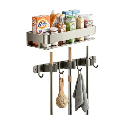 Broom Holder Wall Mount, Heavy Duty Mop Organizer with Shelf, Anti-Slip Grippers & Hooks for Laundry Room Garage Utility Closet（16inches） - color: 16inch