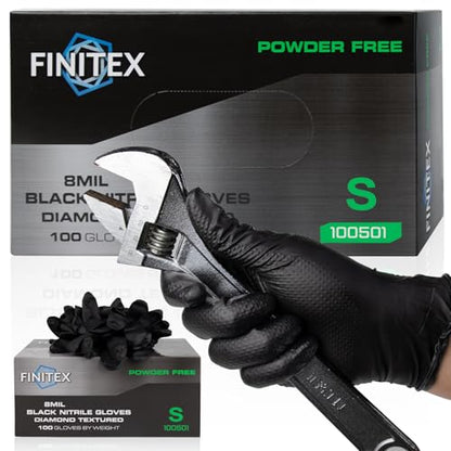 FINITEX Disposable Nitrile Diamond Texture Black 8mil Mechanic Gloves - color: Black (Small 100)