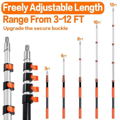 20FT High Reach Duster Cleaning Kit with 5-13 FTExtension Pole, High Ceiling Fan Cleaner Duster Tool for Fan Blades, Extendable Reusable Cobweb, Feather, Window Cleaning Squeegee Kit (12FT) - size: 12FT