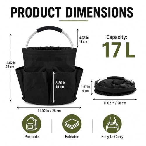 17L Cleaning Caddy with Handle, Cleaning Products Organiser,Foldable Storage Basket,Large Supply Organiser with 6 Pockets,Multi Cleaning Bucket Bag for Home,Garden,Picnic,Camping - color: Black