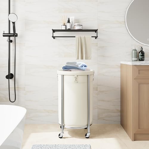 ELYKEN Laundry Basket with Wheels, Round Rolling Laundry Hamper, Cream - color: Cream, size: 110L