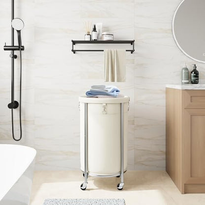 ELYKEN Laundry Basket with Wheels, Round Rolling Laundry Hamper, Cream - color: Cream, size: 110L