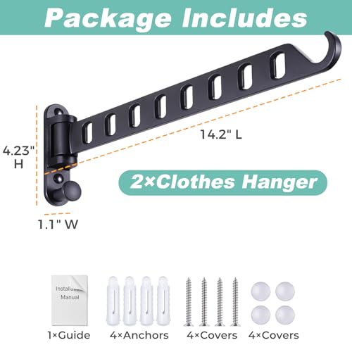 Wall Mounted Clothes Hanger with Swing Arm - 8-Hole Laundry Drying Rack | 180° Rotation & Space Saving for Laundry Room, Closet | Sturdy Hanging Bar | Solid Aluminium(2-Pack, Black) - color: Black (8-hole, 14.2")