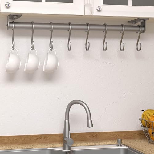 Dseap Kitchen Utensil Holder Hanger, Pot and Pan Rack Wall Mounted, Kitchen Rail with 8 Hooks for Hanging Cooking Utensils, Mugs, Spoons, Wall Mounted, Silver - color: Silver