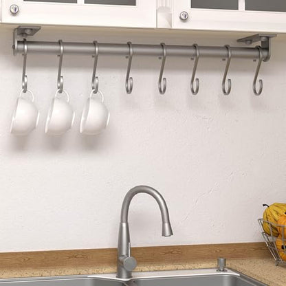 Dseap Kitchen Utensil Holder Hanger, Pot and Pan Rack Wall Mounted, Kitchen Rail with 8 Hooks for Hanging Cooking Utensils, Mugs, Spoons, Wall Mounted, Silver - color: Silver
