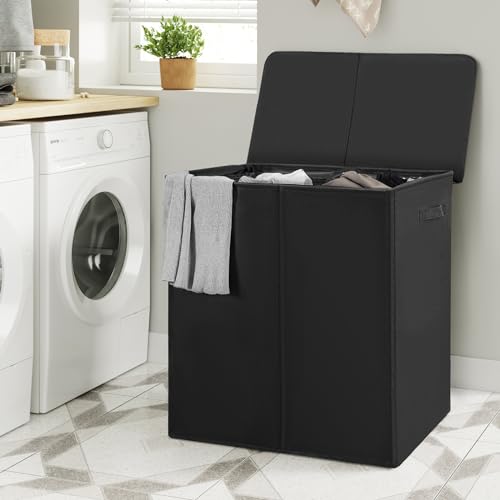 WOWLIVE 180L Double Laundry Hamper 2 Section with Lid and Removable Bags - color: Black, size: 180L (24.8 x 16.2x 27.6 Inches)