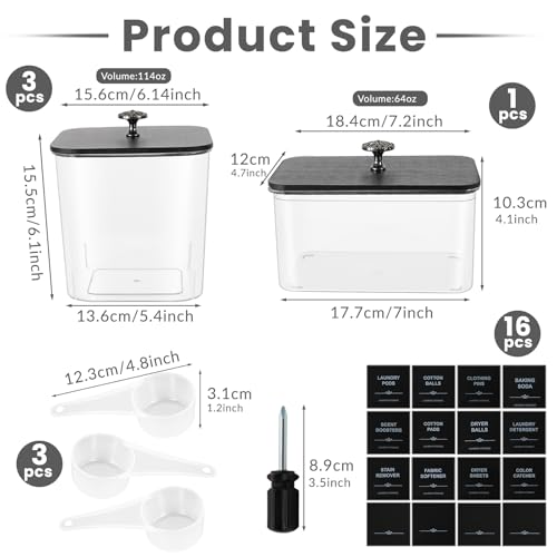 4 Pack Laundry Pods Container & Dryer Sheet Holder - Clear Plastic Laundry Room Organization Storage Containers with Black Lids, Scoops & Labels for Detergent Pods, Powder, Scent Boosters, Beads
