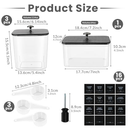 4 Pack Laundry Pods Container & Dryer Sheet Holder - Clear Plastic Laundry Room Organization Storage Containers with Black Lids, Scoops & Labels for Detergent Pods, Powder, Scent Boosters, Beads