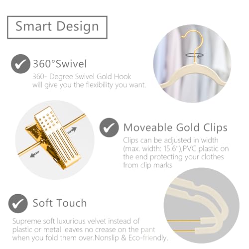 MIZGI Premium Velvet Pants Hangers with Adjustable Clips (Pack of 20) - Slim Skirt Hangers - Non Slip Felt - Ivory/Gold - color: Ivory/Gold, size: 20-Pack