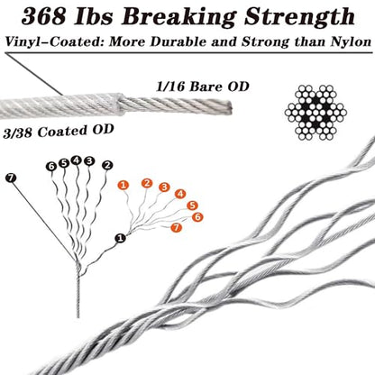 Roxanned 1/16" Wire Rope Kit, 165ft 304 Stainless Steel Cable 7x7 Strand Core, Vinyl Coated Aircraft Cable with Turnbuckle | Easy Install for Outdoor String Lights Hanging, Garden, Craft & Support - size: 165 feet
