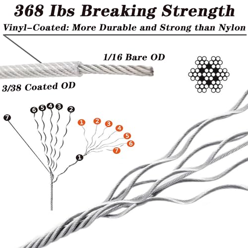 Roxanned 1/16" Wire Rope Kit, 165ft 304 Stainless Steel Cable 7x7 Strand Core, Vinyl Coated Aircraft Cable with Turnbuckle | Easy Install for Outdoor String Lights Hanging, Garden, Craft & Support - size: 165 feet