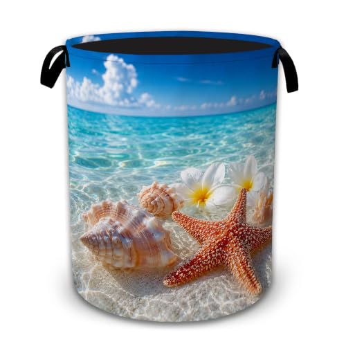 Seashell Starfish Beach Laundry Basket with Handles, Foldable Tall Oxford Clothes Hamper, Lightweight Water-Resistant Storage Bin for Bedroom Bathroom College Dorm, 16 x 20.8 Inch - color: Seashell Starfish Beach