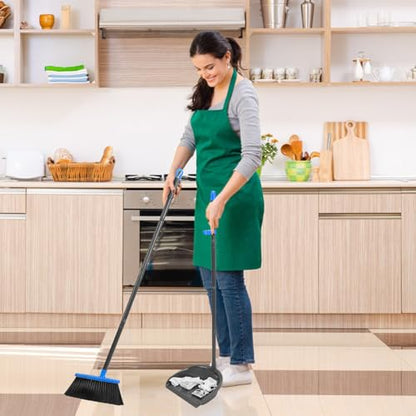 REEWII 2Pcs Broom and Dustpan Set ，Long Handle Broom with Upright Standing Dust pan for Indoor Outdoor Home Kitchen Office Floor Cleaning