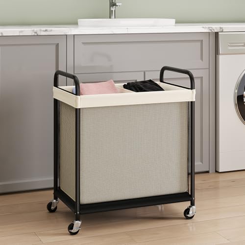 ELYKEN Laundry Hamper 2 Section, 100L Rolling Laundry Sorter with Wheels - color: Beige, size: 2-Section