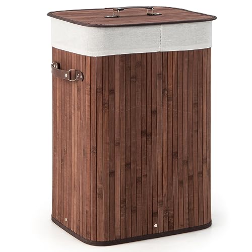 Giantex Bamboo Laundry Hamper with Lid Removable Liner & Handles - color: Brown