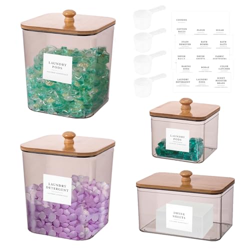 4 Pack Laundry Pods Container,Clear Dryer Sheet Holder & Laundry Room Organization and Storage with Lids, Scoops & Labels for Laundry Detergent, Powder, Dryer Balls, Beads (Gray) - color: Gray