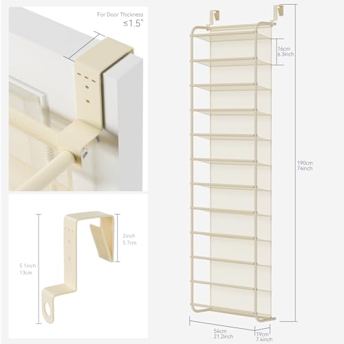 Whitmor 36 Pair Over the Door Shoe Rack,12 Tier Hanging Shoe Organizer with Metal Frame & Mesh Shelves, Heavy Duty Shoe Storage Holder for Door, No Drill Installation, 74" H x 21.7" W x 7.5" D, Beige - color: Beige