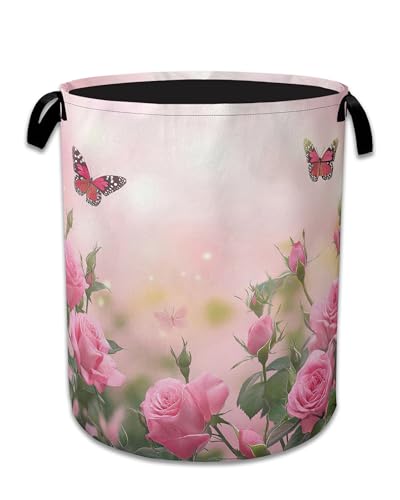 Butterfly Laundry Basket,Oxford Cloth Pink Rose Laundry Hamper With Handle Foldable Portable Clothes Storage Basket for Laundry Room/Bedroom/Bathroom 20.8"x16" - color: Butterfly Pink Rose