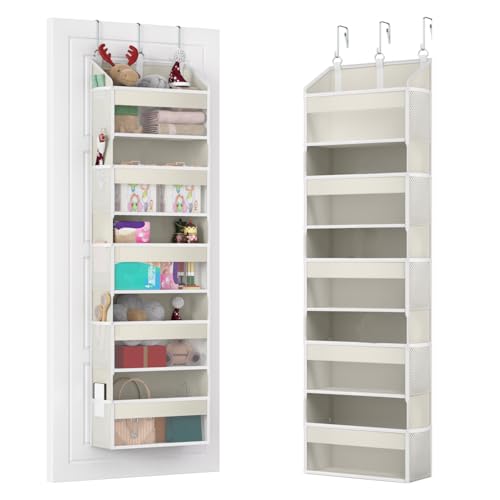 Over the Door Organizer with 5 Front & 10 Mesh Side Pockets, Versatile 5 Shelf Hanging Door Organizer 50lb Capacity Extra Large Storage Space-Saving with 3 Hook for Closet, Kitchen, Pantry, Beige - color: Beige