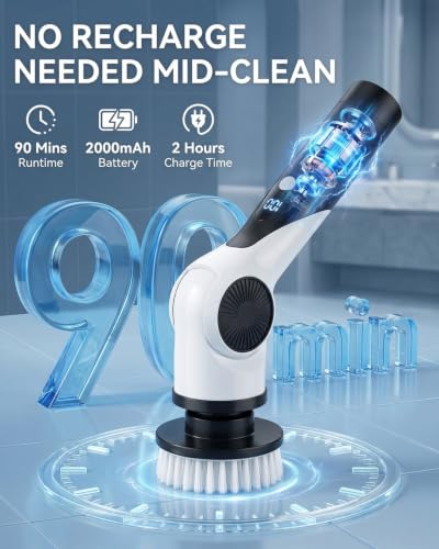Electric Spin Scrubber, 3-Speed Shower Scrubber with Long Handle & 10 Replaceable Brush Heads, Cordless Shower Cleaner Brush with 90 Mins Runtime & Full-Body IPX7 Waterproof for Bathroom Kitchen