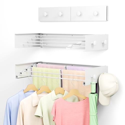 Foldable Wall Mounted Drying Rack, Stainless Steel Expandable Clothes Drying Rack with 6 Knobs, Heavy Duty Laundry Drying Rack for Apartment, Laundry Room, Balcony, 4 Thickened Rods - color: Upgraded - 4 Knobs, size: Width 21.6"