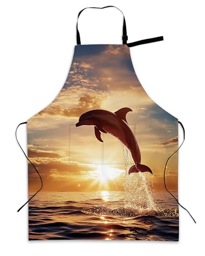 Cooking Aprons for Men and Women,Adjustable Bib Chef Apron with 2 Pockets, Soft and Durability Kitchen Apron - color: Dolphins Sunset