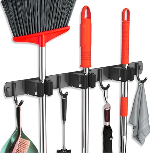 Mop and Broom Holder Wall Mount, Upgraded Broom Hanger Wall Mount, Stainless Steel Broom Organizer for Closet Garage Laundry Room Kitchen Wall Decor(3Racks 4Hooks Black) - color: Black, size: 1Pack 3Racks 4Hooks