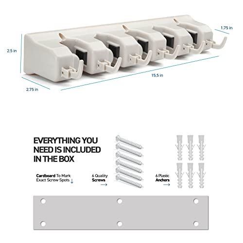 HOME IT Broom and Mop Holder Wall Mount – Heavy Duty Garage Organizer with 5 Slots & 6 Hooks, 7.5lbs Capacity Per Slot - Easy Install Storage Rack for Home, Kitchen, Laundry Room & Garden - Off-White - color: Off-White, size: 1 Pack 5-position, 6-Hooks