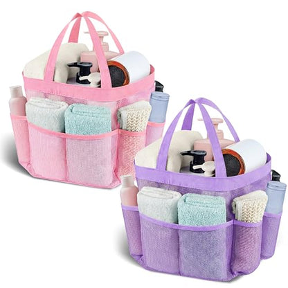 Mesh Shower Caddy Portable - 9 Pockets, Shower Bag for Dorm Room Camping - color: pink purple